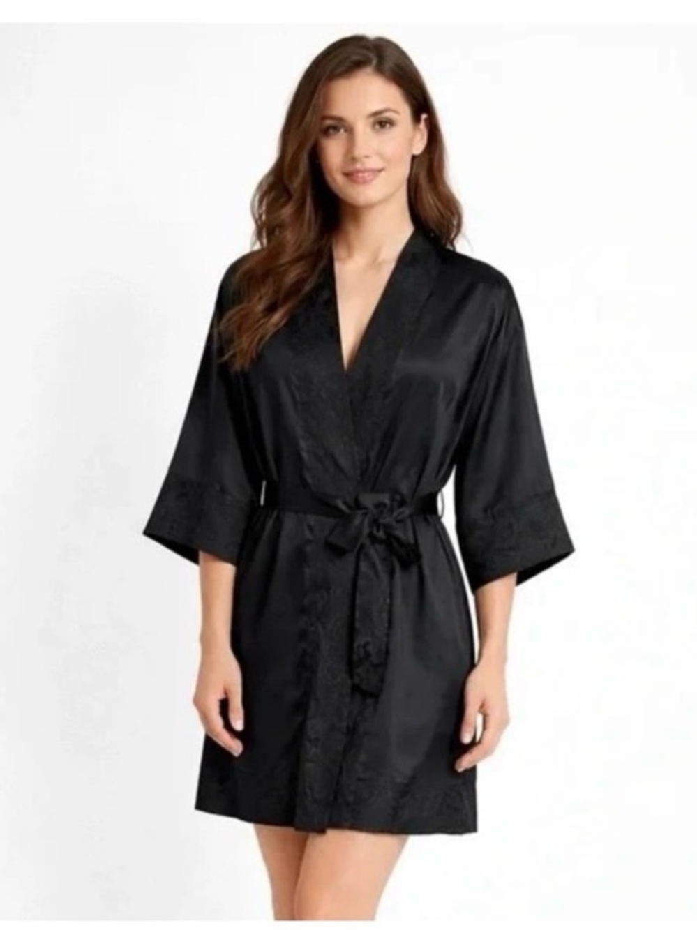 Victoria's Secret Black Satin Short Kimono Robe with Self-Tie Belt Size M/L